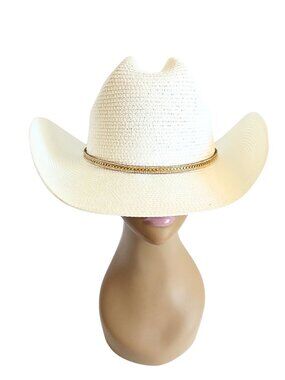 WOMEN'S WHITE COWGIRL STRAW HAT W/ BROWN SUEDE CRYSTAL & GOLD CHAIN HAT BAND